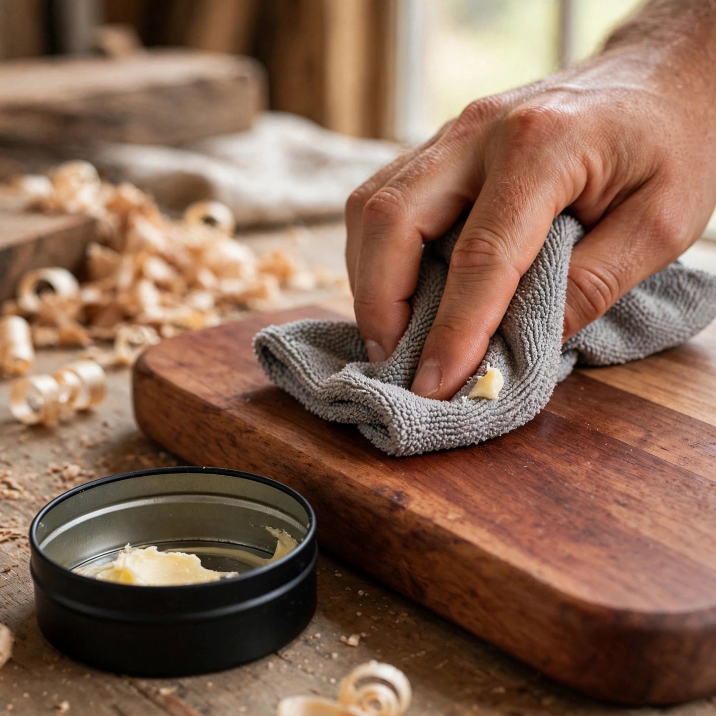 Applying RESURGO wood maintenance butter to a wooden cutting board with a cloth