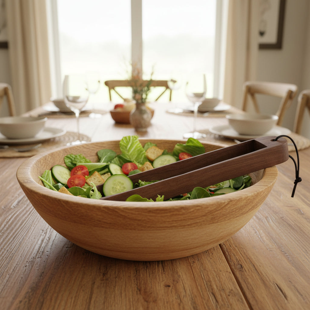 Wooden tongs on a sunflower patterned mat with greenery in the background