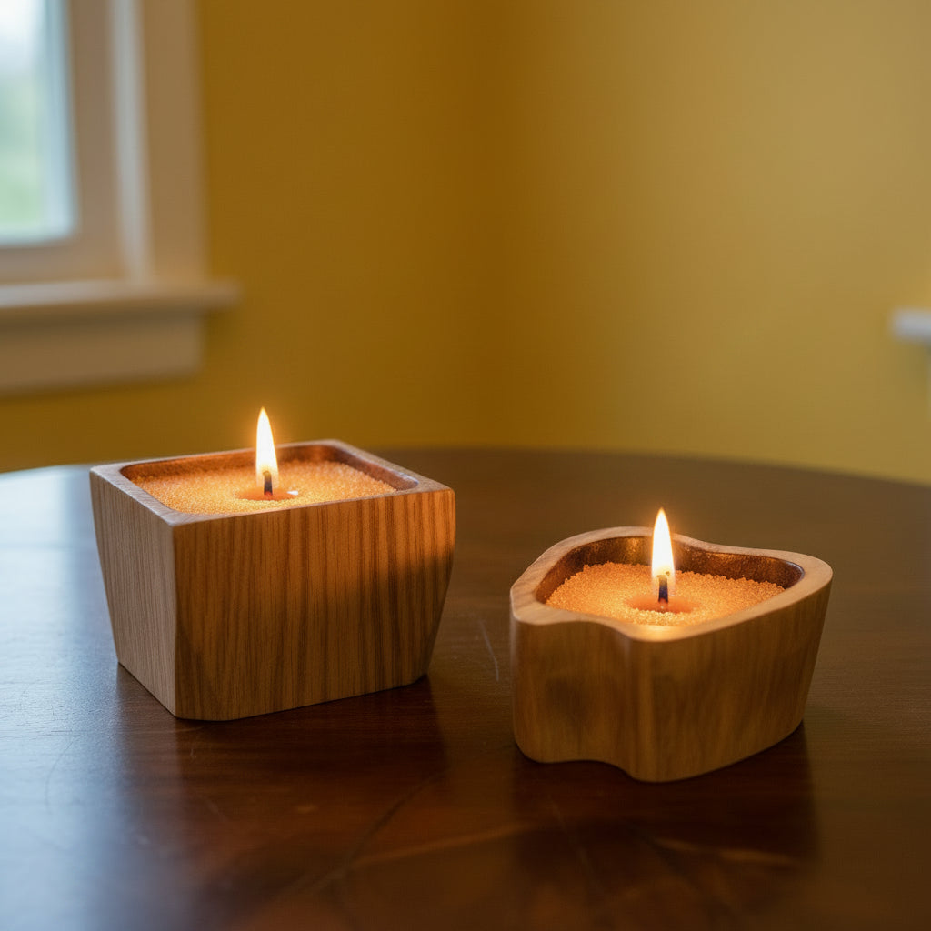 Set of wooden containers with black interiors on a sunflower-patterned mat.