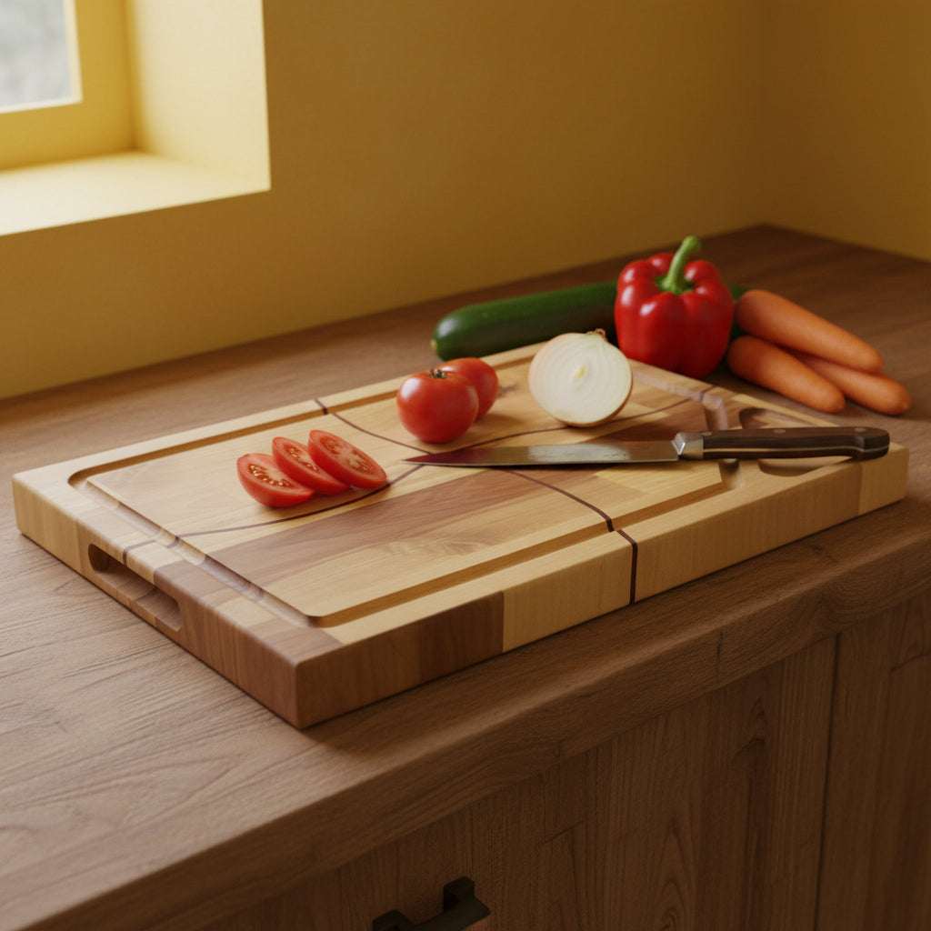 Birch butcher block cutting board with contrasting wood inlay and juice groove