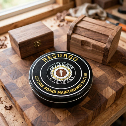 RESURGO wood maintenance butter tin on a woodshop workbench