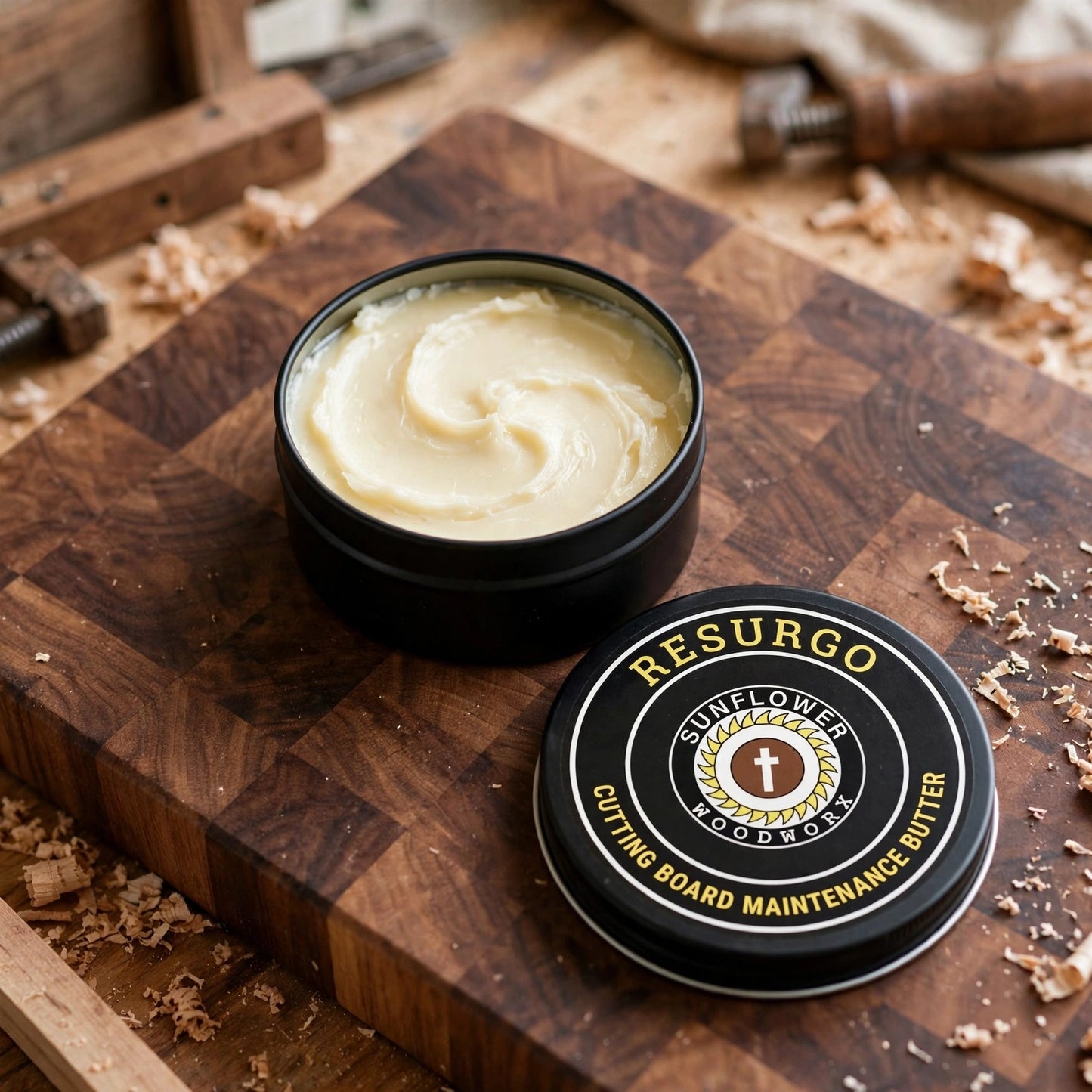 Open tin of RESURGO wood maintenance butter with labeled lid